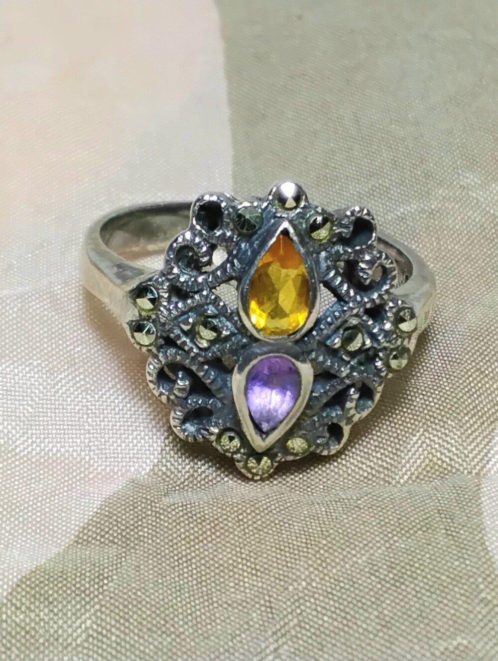 Vintage 925 Silver Marcasite Ring Citrine & Amethyst Sz 5-3/4